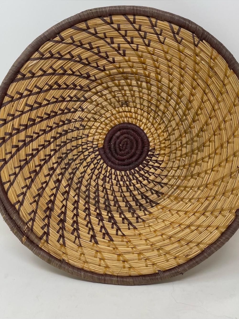 Coiled Sweetgrass Handwoven Tan and Dark Brown Decorative Woven Wall Basket